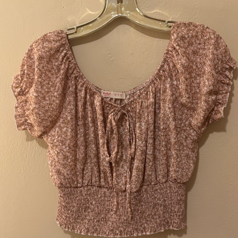 ROMWE Pink Floral Blouse with Smocked Hem